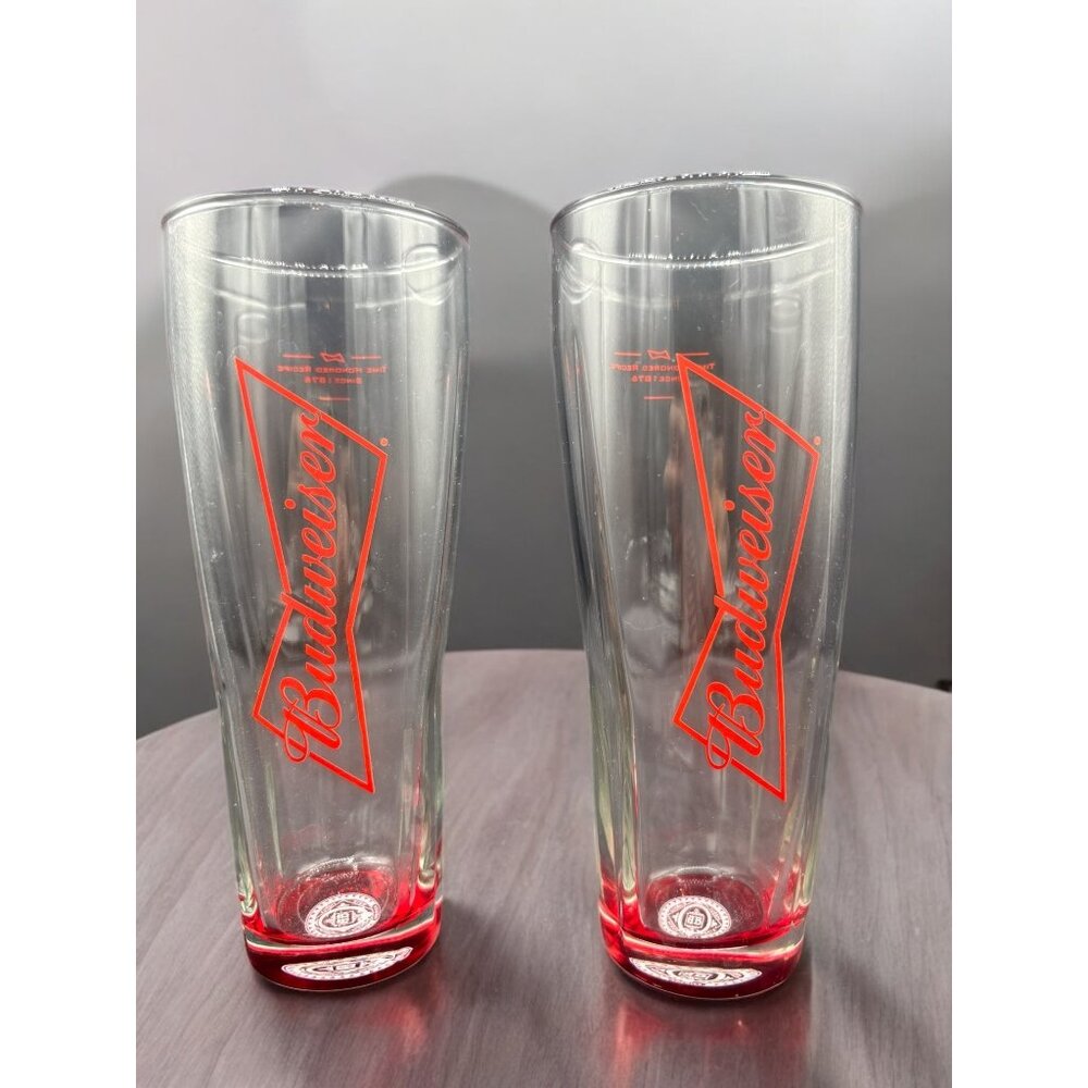 2 Vintage Budweiser Red Beer Glass Rare 12 oz Promo Glass